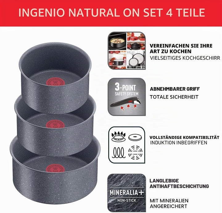 Tefal Ingenio Natural On Kochgeschirr, 4-teilig, stapelbar, Antihaftbeschichtung, Induktion, L766925