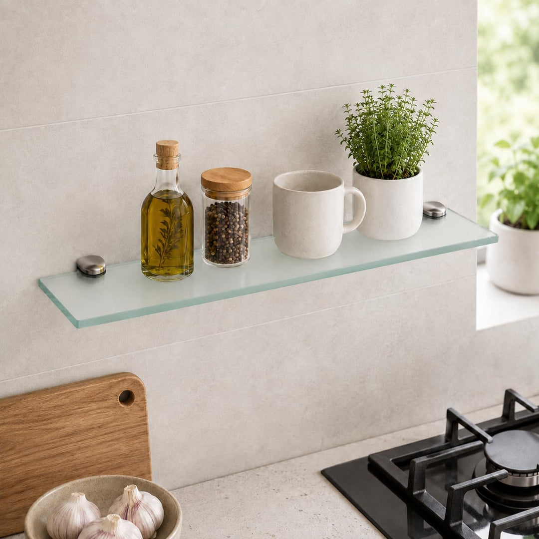Glasablage Bad Matt 40 x 10 cm, Wandregal aus 8 mm gehärtetem Glas, Badezimmer Glasregal mit Zinkleg