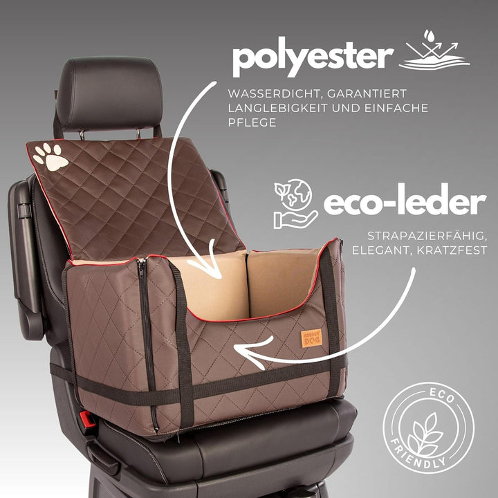 Golden Dog - Transportbox Hund mit Sicherheitsgurt L-65x53x27 cm - Leder Imitation Autositz Hund, Wa