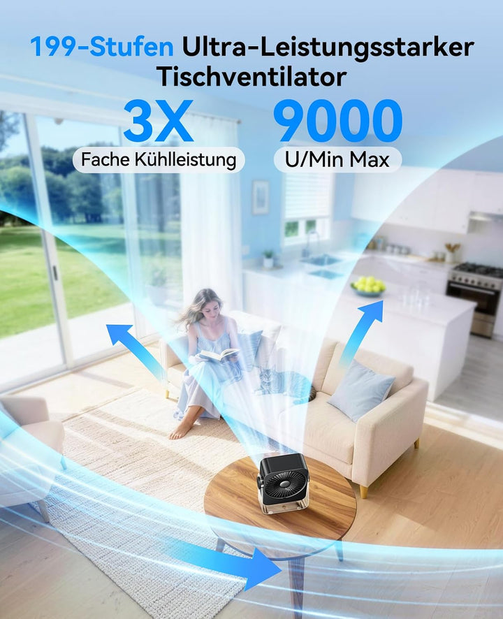 KIMMOO USB-Tischventilator wiederaufladbar, 199 Stufen tragbarer Ventilator mit Eiskühlung &amp; Digital