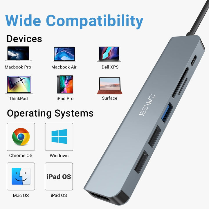 JESWO 7-in-1 USB-C-Hub mit HDMI 4K, USB 3.0, 2 USB-Ports 2.0, SD/TF-Kartenleser, 100 W PD, Multi-Por