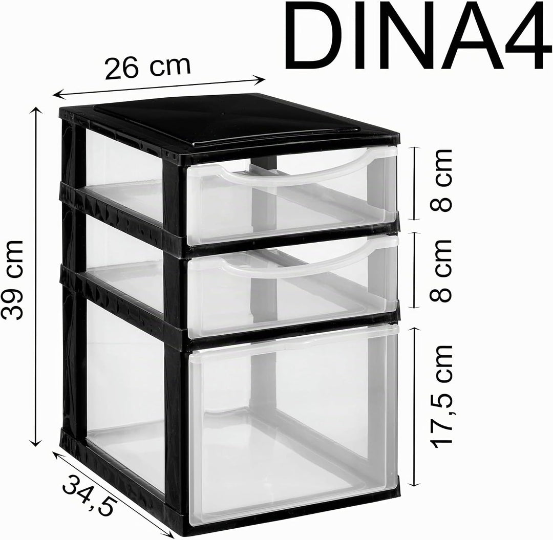 Hummelladen Schubladenbox DIN A4 mit 3 Schubladen 34,5x26x39 cm - Weiss-transparent Kunststoff Drawe