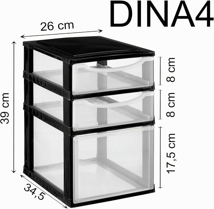Hummelladen Schubladenbox DIN A4 mit 3 Schubladen 34,5x26x39 cm - Weiss-transparent Kunststoff Drawe