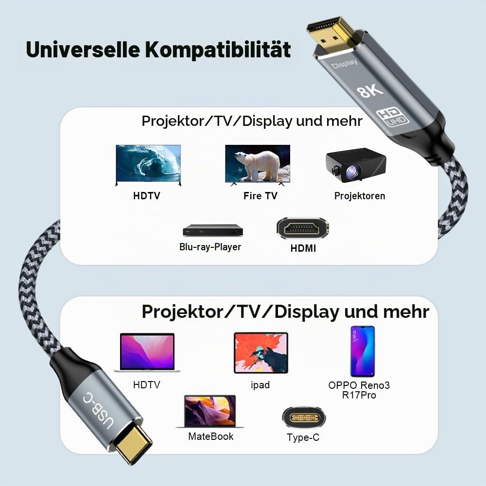 USB C auf HDMI 2.1 Kabel, 8K@60Hz 4K@240Hz Type C auf HDMI High Speed Kabel, HDR HDCP 2.3 Thunderbol