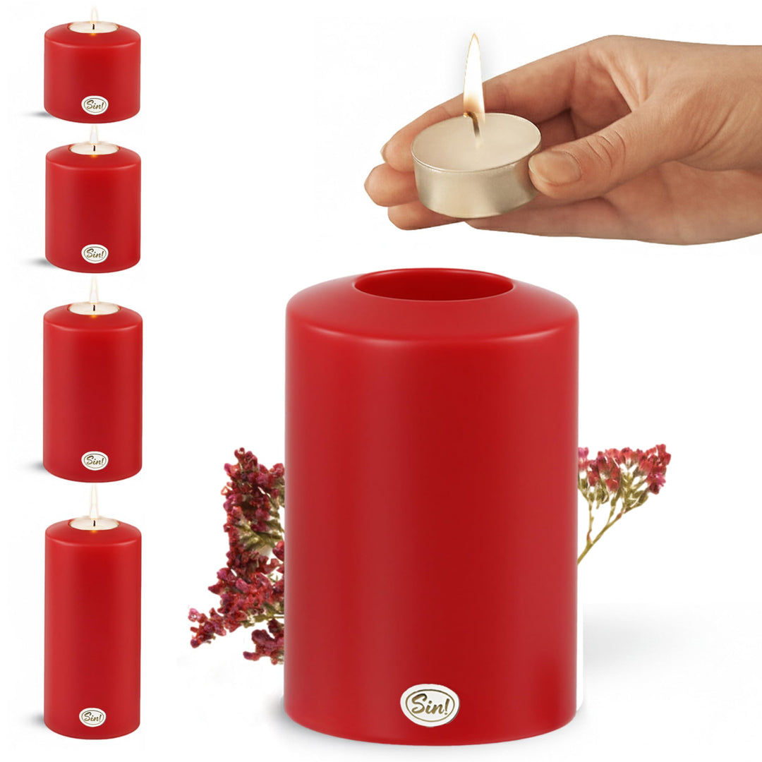 Sin!® 1x Teelichthalter & Dauerkerze Classic ROT ∅ 8cm Höhe 12cm Seidenglanz - Die Kerze die Nicht s
