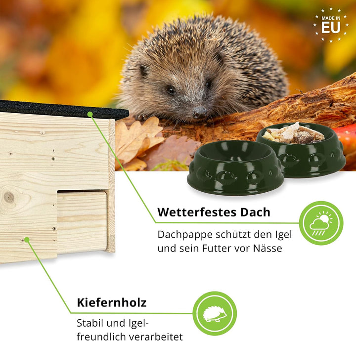 GARTENETAGE Igel-Futterhaus aus Holz mit Rattenklappen &amp; 2er Schalen-Set – Wetterfeste Futterstation