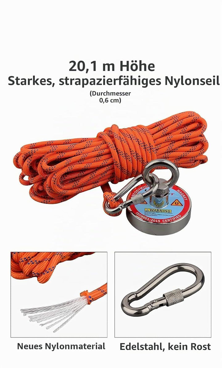 ULIBERMAGNET Magnet mit Neodym Magnet N52 180kg Zugkraft mit 20m Seil zum Angeln und Magnetisches Au