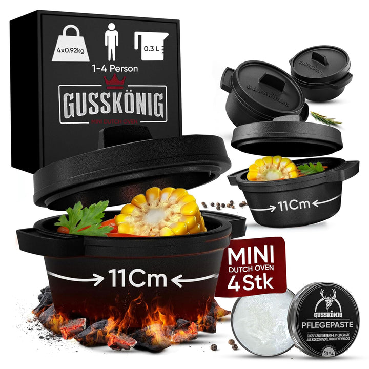 Dutch Oven Set Mini - 4x 300ml Gusseisen Mini Topf mit Deckel - bereits eingebrannter Mini Dutch Ove