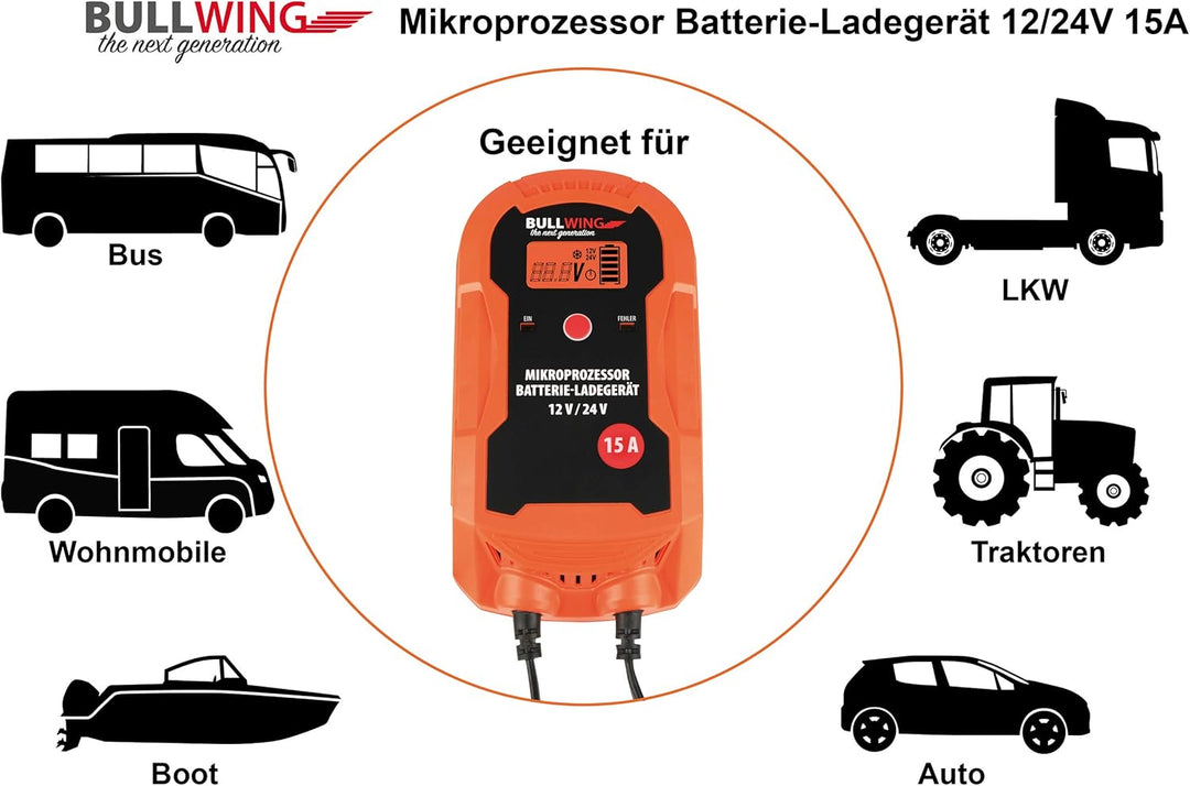 Bullwing Batterieladegerät Mikroprozessor 12/24V 15A LKW Bus Boot Traktor Vollautomatisches 9-stufig