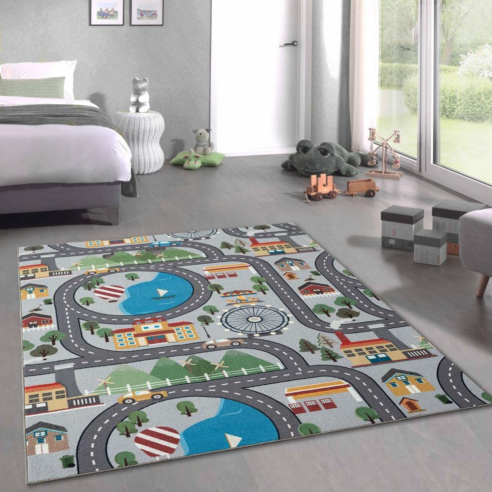 CARPETIA Kinder Spielmatte mit Blick auf die Stadt | Hintergrund in grau Grösse 80x150 cm Strasse Gr