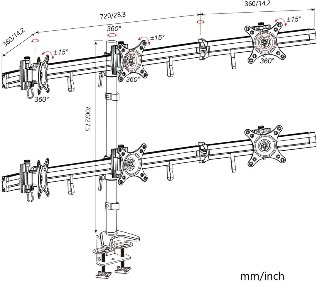 HFTEK 6-Fach Monitorarm - Tischhalterung für 6 Monitore von 15 bis 27 Zoll - VESA 75/100 (MP260C-L),