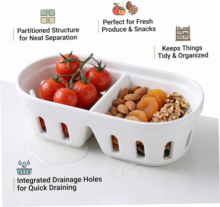 Keramik-Obstkorb, Keramik-Beerenschale mit Drainagelöchern mit Zwei Fächern, Obstkorb für Snacks und