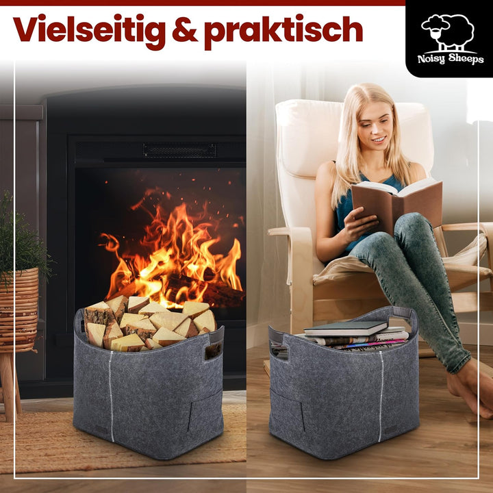 Noisy Sheeps® Holzkorb für Kaminholz gross XXL 60L | Extra starker 6mm Filz | inkl. Anzündwolle für
