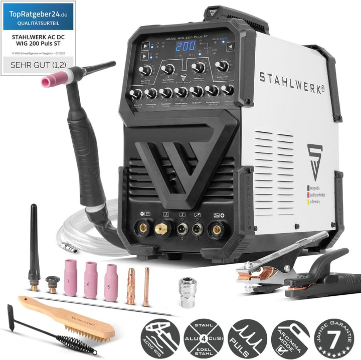 STAHLWERK Schutzgasschweissgerät AC/DC WIG 200 Puls ST – IGBT-Inverter mit AC-Modus, MMA (E-Hand/ARC