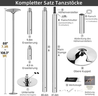 PRIOR FITNESS Pole Dance Tanzstange 45mm von 2,35 bis 2,74 m Höhenverstellbar,2 Modi: drehend/statis