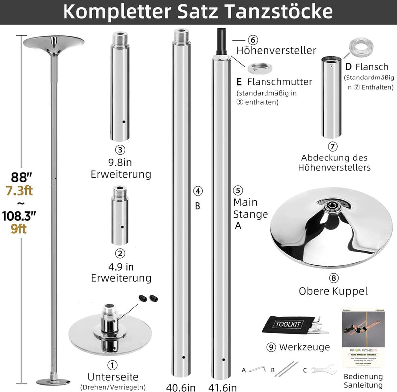 PRIOR FITNESS Pole Dance Tanzstange 45mm von 2,35 bis 2,74 m Höhenverstellbar,2 Modi: drehend/statis