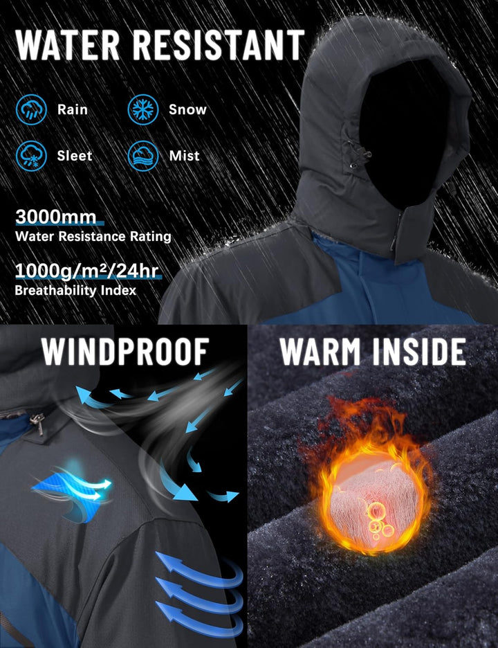 TACVASEN Herren Winter Wasserdichte Winddichte Winterjacke Warme Fleece-Futter Ski Regenmantel mit K