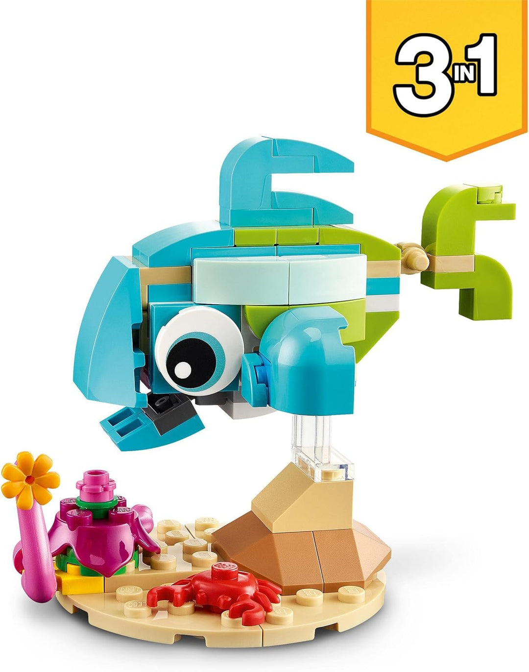 LEGO 31128 Creator 3-in-1 Delfin und Schildkröte, Seepferdchen, Fisch, Meerestieren-Figuren, Spielze
