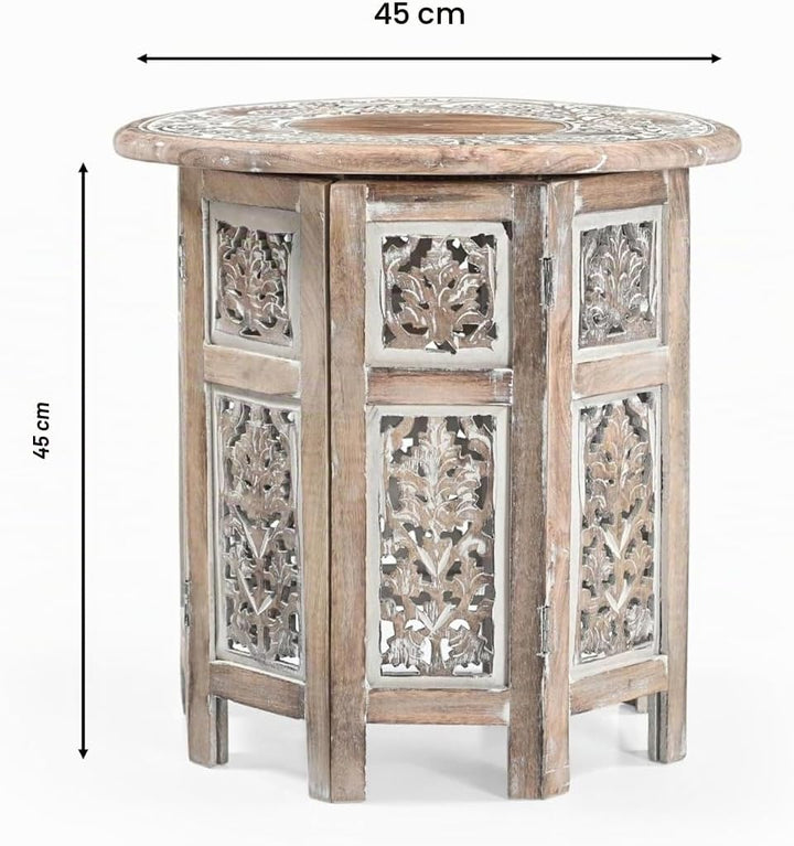 iAnanas Kleiner rustikaler Couchtisch – Handgefertigter Beistelltisch aus Mangoholz mit weiss getünc