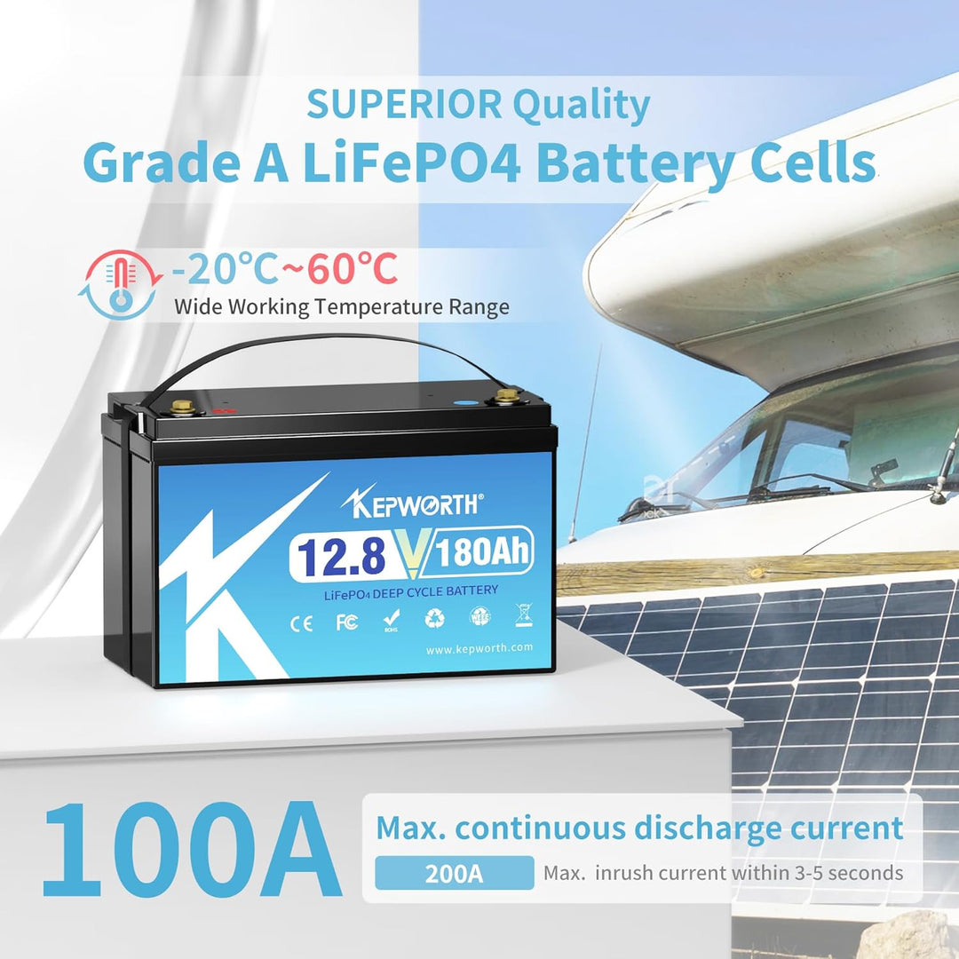 KEPWORTH LiFePO4 180Ah 12V Batterie, Lithium Akku mit 100A BMS, Max. 15000 Zyklen, Perfekter Ersatz