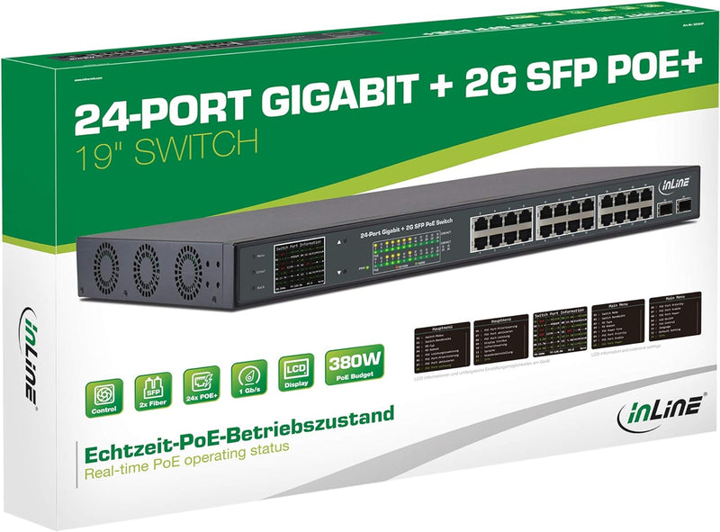 InLine 32324P PoE+ Gigabit Netzwerk Switch 24 Port, 1GBit/s, 2xSFP, 19", Metall, Lüftersteuerung, mi