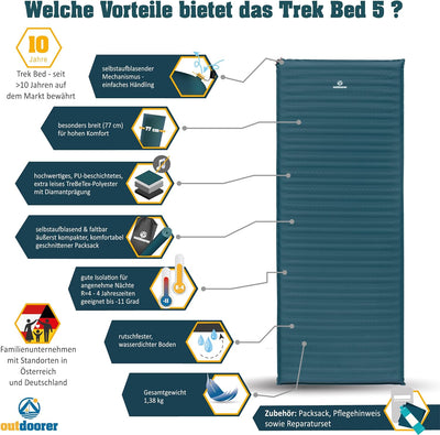 outdoorer Trek Bed 5 - grosse Isomatte, selbstaufblasend, 5 cm, Schlafmatte für Zelt, Camping & Auto