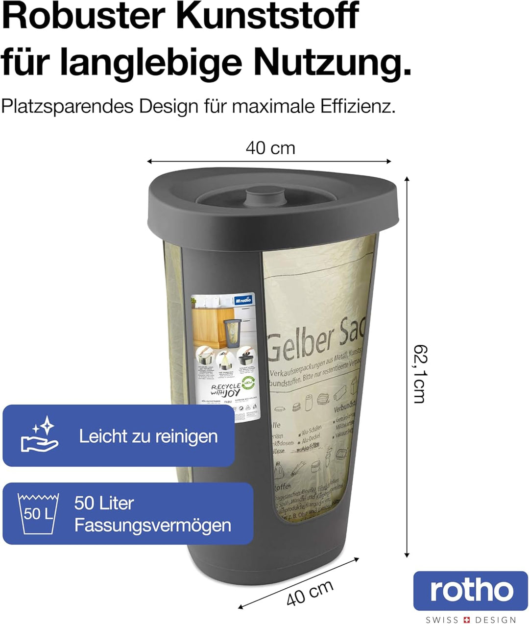 Rotho Fabu Müllsackständer gelber Sack mit Deckel, Kunststoff (PP recycelt) BPA-frei, anthrazit, (40