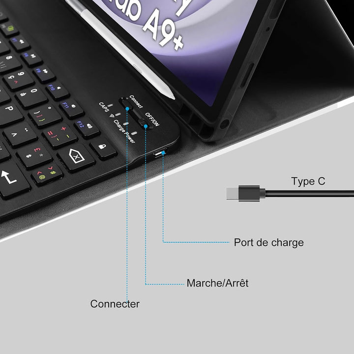 Tastatur Hülle für Samsung Galaxy Tab А9 Plus 2023 11 Zoll,Französisches Layout