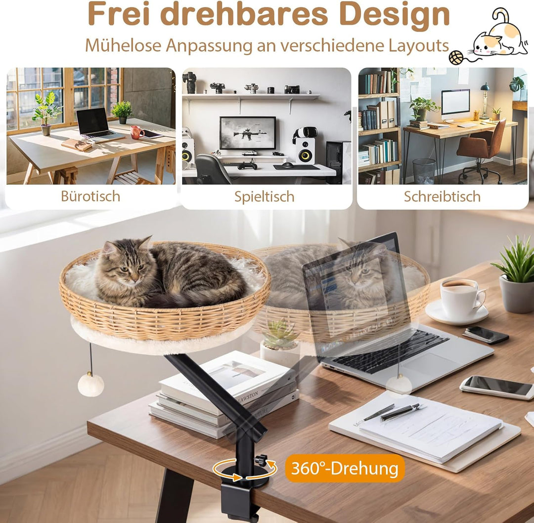 COSTWAY Katzenbett für Schreibtisch, Katzenkorb aus PE-Rattan, 360° drehbar, Katzen Schreibtischbett