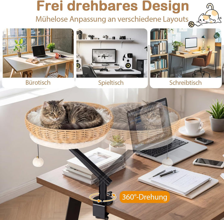 COSTWAY Katzenbett für Schreibtisch, Katzenkorb aus PE-Rattan, 360° drehbar, Katzen Schreibtischbett