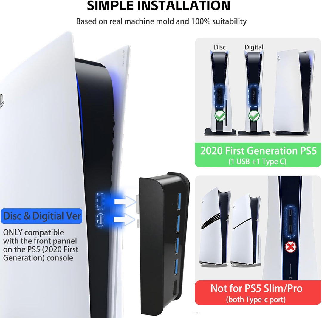 6 Port USB Hub für PS5, High-Speed Expansion Hub Charger Splitter Adapter mit 4 USB + 1 USB Charging