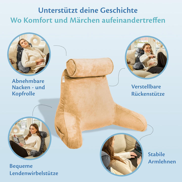 Ella Lesekissen für Bett und Sofa mit Abnehmbarer Nackenrolle - Rückenkissen Bett - Reading Pillow a