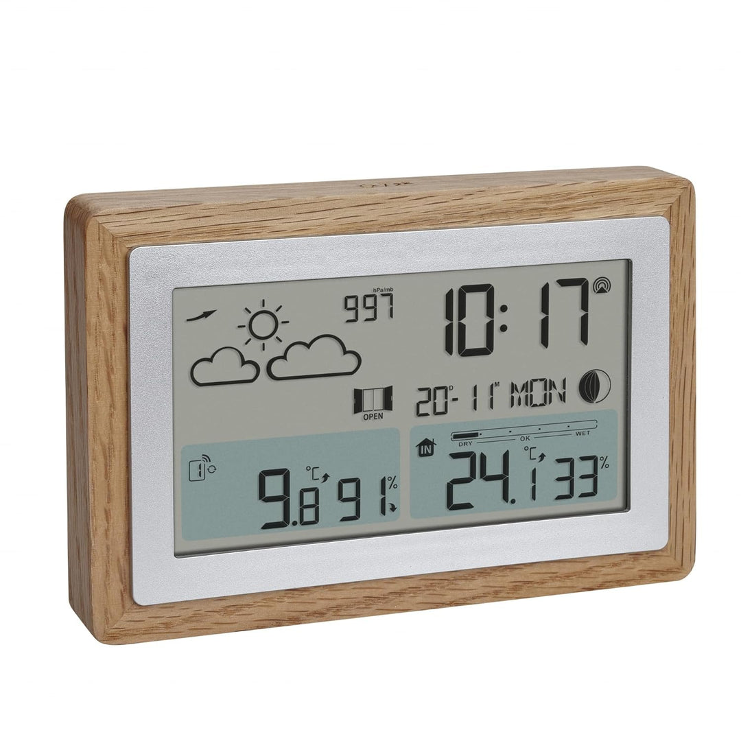 TFA Dostmann Funk-Wetterstation mit Aussensensor OAK, 35.1167 Wettervorhersage, mit Holz-Rahmen, Inn