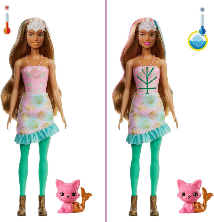 Barbie GXV93 - Color Reveal Fantasy Fashion Meerjungfrau Puppe &amp; Haustier, mit Aufkleber und 25 Über