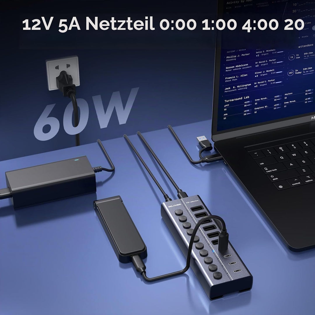 USB Hub mit Netzteil, 10-Port USB 3.2 Gen 2 10Gbit/s Aktiv Hub, Vollaluminium mit 60W (12V 5A) Power