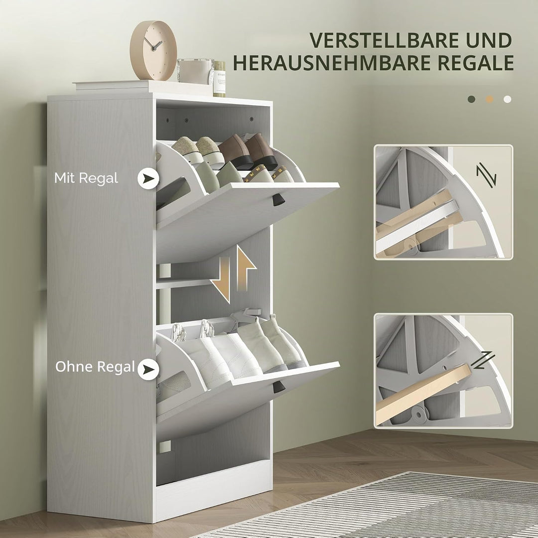 HOMCOM Schmaler Schuhschrank mit 2 Klapptüren, Schuhschrank, Eingang, mit verstellbaren Einlegeböden
