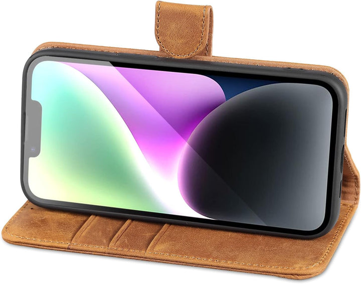 LENSUN Echtleder Hülle für iPhone 14, Handyhülle [Echtes Leder][Magnetverschluss][RFID Schutz] Handy