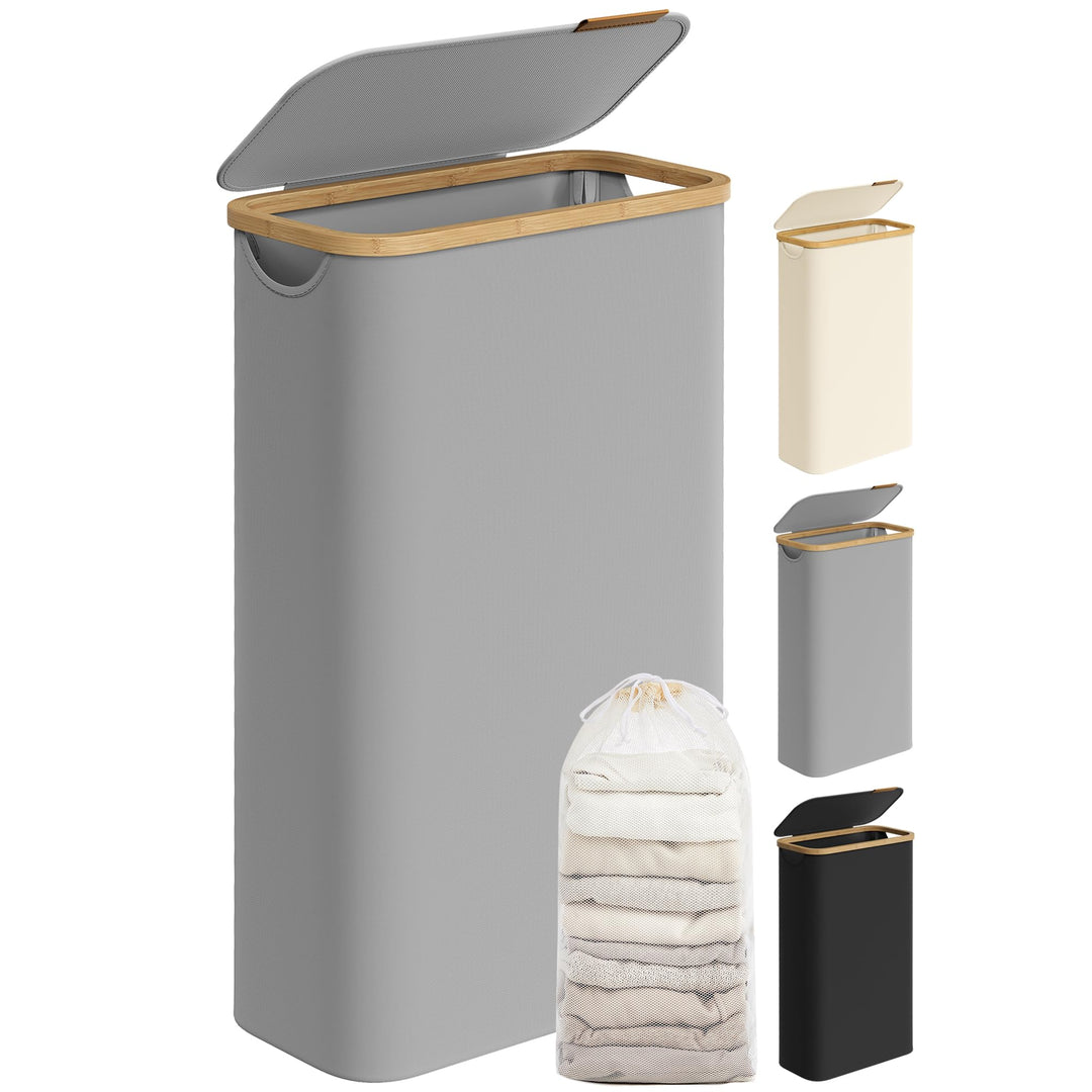 SONGMICS Wäschekorb mit Deckel, Wäschesammler 65 L, platzsparend, herausnehmbarer Wäschesack, Oxford