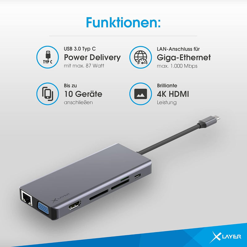 Xlayer USB C Hub MULTIPORT Adapter HDMI SD 4K Docking Station 3.0 Kabel kompatibel für MacBook Pro/A