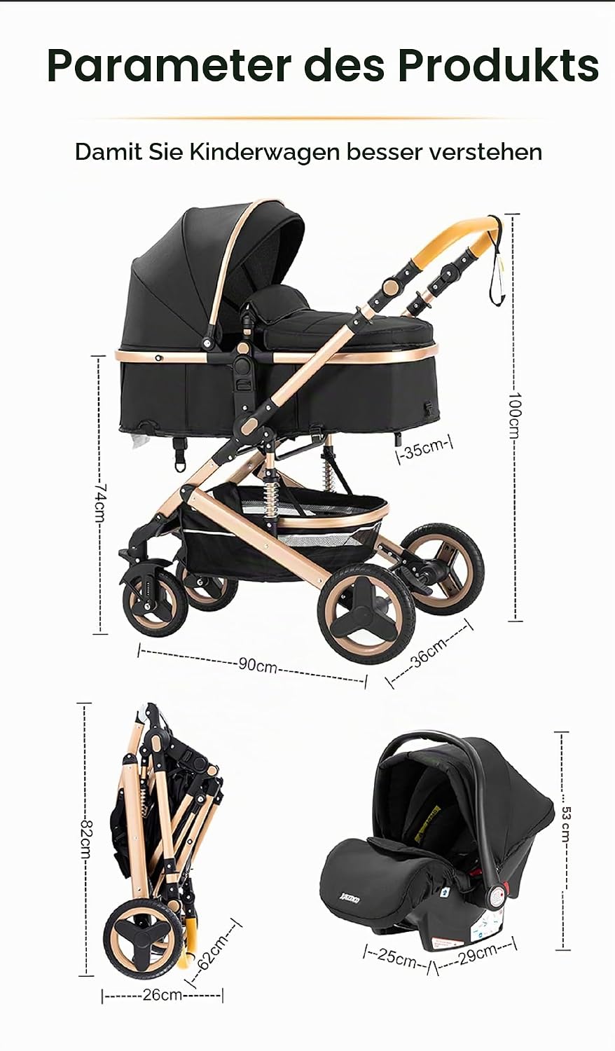 GLOKID Kinderwagen 3 in 1,Reisesysteme, Buggy mit Umkehrbarem Zwei-Wege-Schub,Babywanne Buggy&amp;Sports