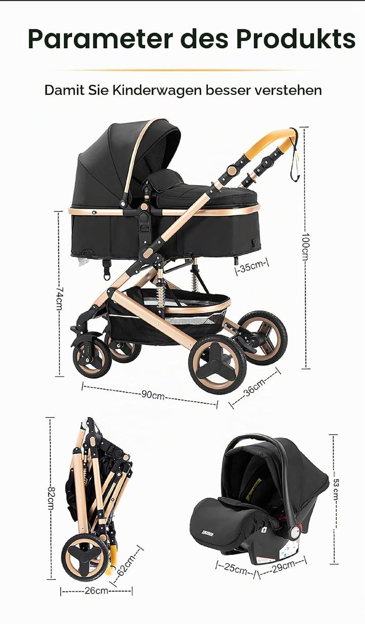 GLOKID Kinderwagen 3 in 1,Reisesysteme, Buggy mit Umkehrbarem Zwei-Wege-Schub,Babywanne Buggy&amp;Sports
