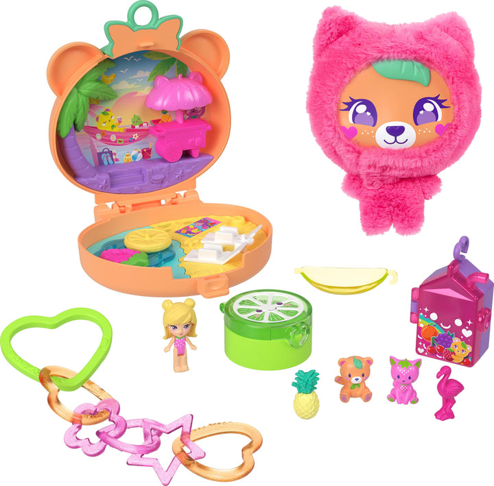 Polly Pocket Puppen- und Haustier-Spielset, Plüschbär-Schatulle, Schlüsselanhänger und Plüschtier, O