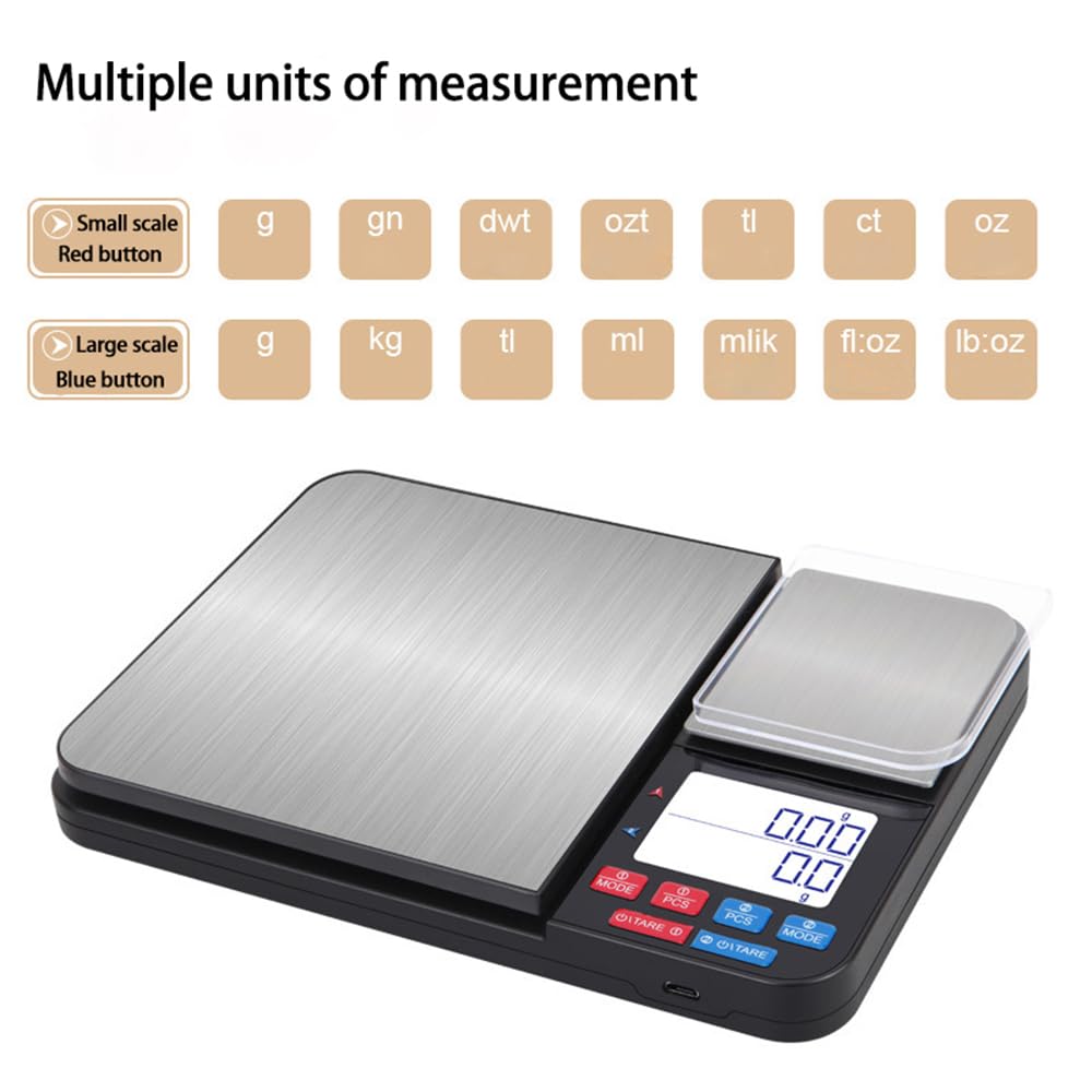 Küchenwaage Digital, Doppelwaage feinwaage 5 kg/1 g und 500 g/0,01 g grammwaage, 7 Masseinheiten, Zä