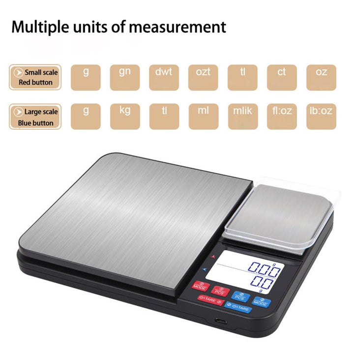Küchenwaage Digital, Doppelwaage feinwaage 5 kg/1 g und 500 g/0,01 g grammwaage, 7 Masseinheiten, Zä