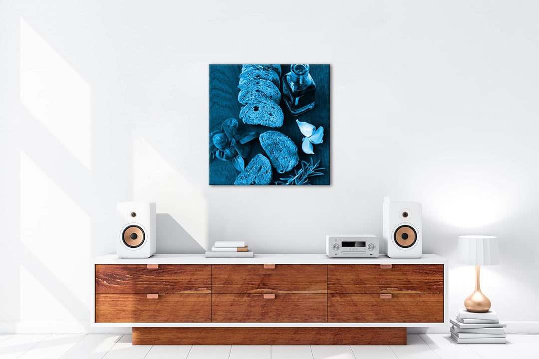 deyoli mediterranes Oliven Öl mit Brot Format: 70x70 Effekt: Monocrome Blau als Leinwandbild, Motiv