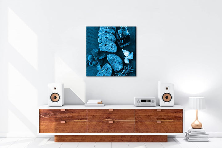 deyoli mediterranes Oliven Öl mit Brot Format: 70x70 Effekt: Monocrome Blau als Leinwandbild, Motiv