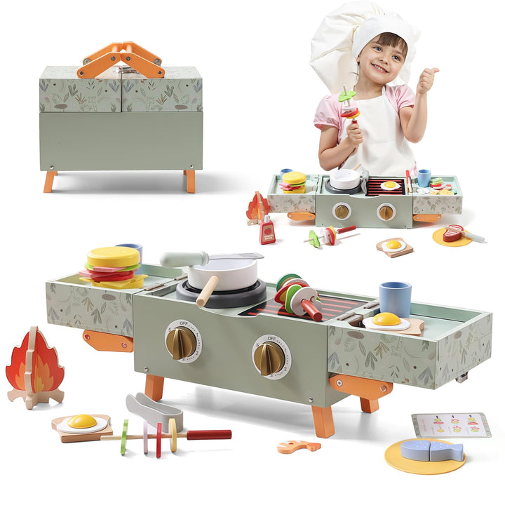 Grillset Kinderküche Spielküche Zubehör Holz, Faltbare Küchenspielzeug ab 3 Jahre, Lebensmittel Spie