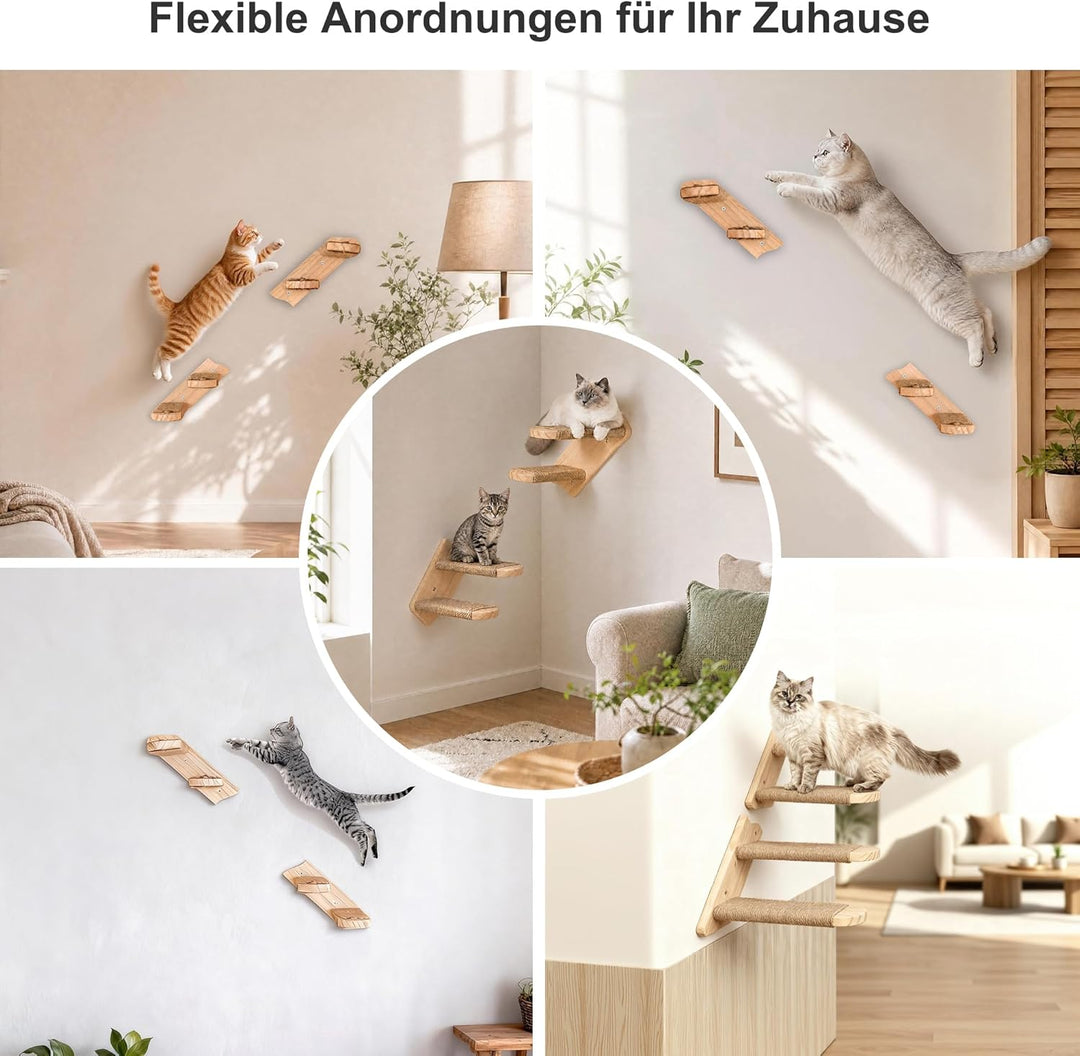 FUSHITON 2-stufige Katzentreppe Wandmontage aus massivem Kiefernholz mit Juteseil, 41 cm Gesamtlänge