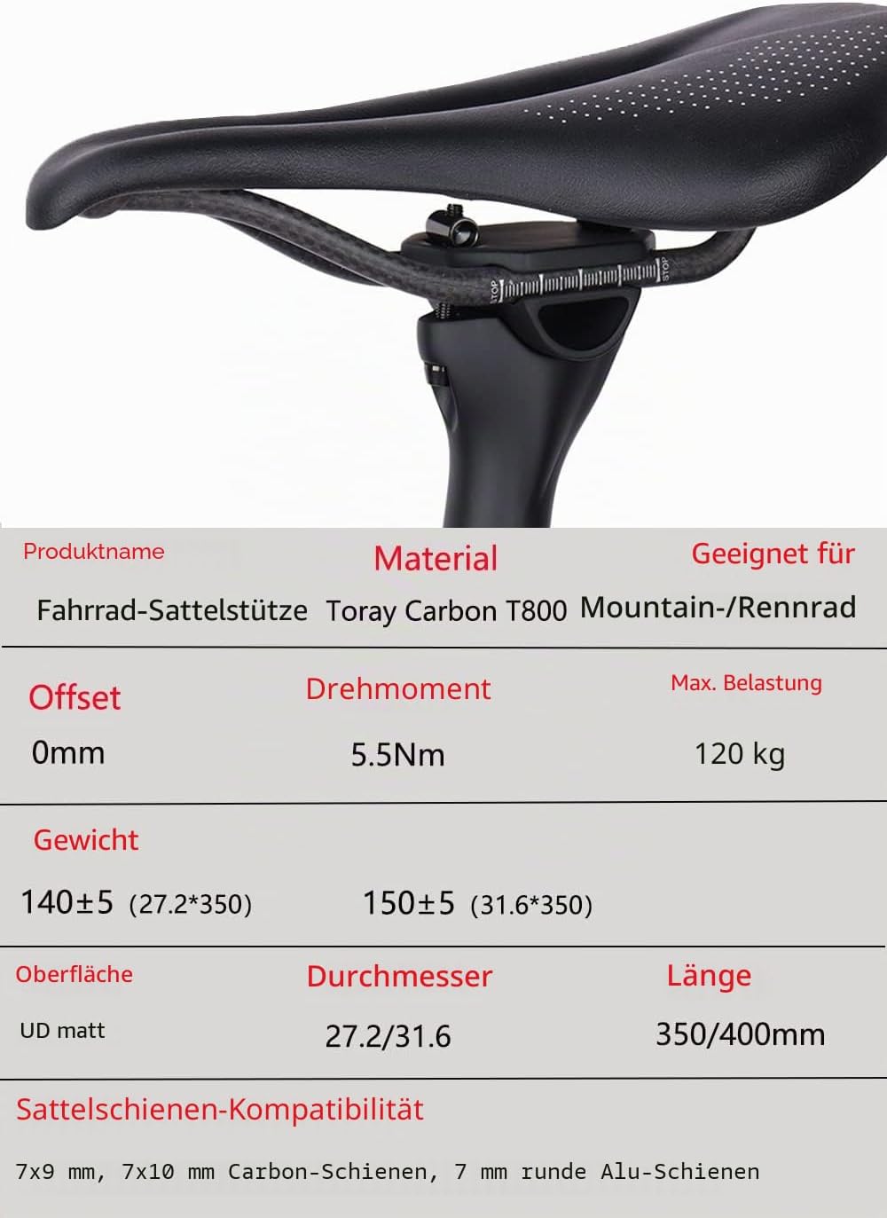 QIKU Carbon Fahrrad Sattelstützen MTB Sattelstütze/Rennrad Sattelstütze 27.2/31.6 * 350/400MM 27.2×3