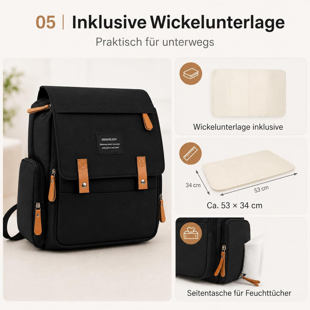Heberlein Prestige Baby Wickelrucksack - grosse Wickeltasche für Mama &amp; Papa, wasserabweisend mit vi